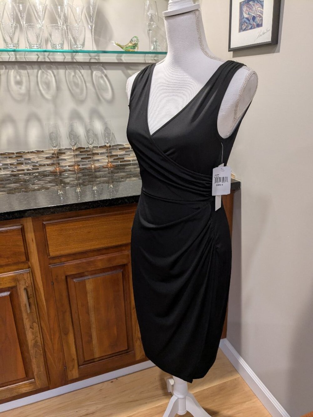 NWT London Times Black V-Neck Bodycon Dress Faux Wrap Draped Sexy Cocktail Sz 4